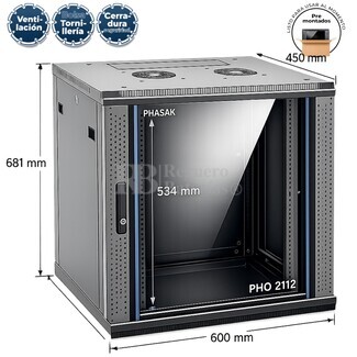 Armario Rack 12U para SAI UPS | 600 x 450 Mural Phasak Pro PHO 2106